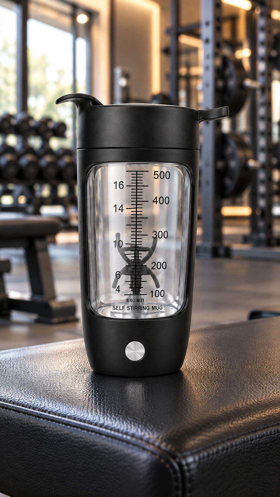 Turbo Shaker electric protein shaker on a gym bench